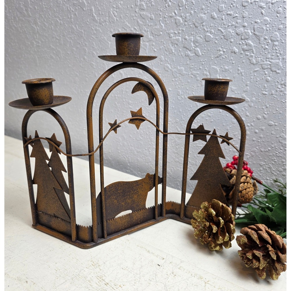 Vintage Rustic Metal Candelabra Bear Trees Moon Stars Woodland Cabin‎
